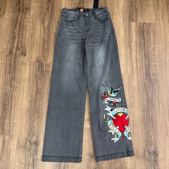 NEW Ed Hardy Tattoo Embroidered Wide Leg Gray Jeans Sz 26